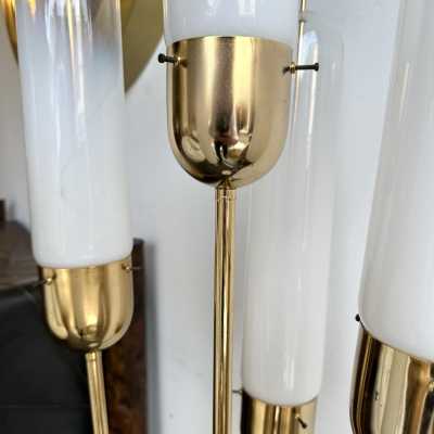 Mid-century modern space age brass Roseau floor lamp, smoky white blown Murano glass tube shade by Italian design manufactory Mazzega. Famous manufacturers such as Venini, La Murrina, Seguso, Carlo Aldo Nason, Poliarte, Esperia, Angelo Brotto, Stilnovo, Arteluce, Arredoluce, Artemide, Pierre Cardin, Lumi, Luci, Raak, Angelo Lelii, Francesco Bocola, Superstudio, Enrico Tronconi, Mario Bellini, Harvey Guzzini, Luigi Massoni, Martinelli, Fabio Lenci, Gio Ponti.