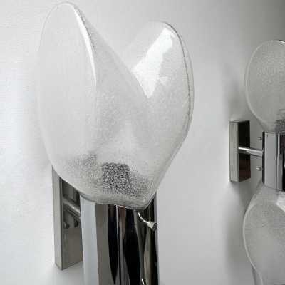 Pair of Mid-Century Modern Space Age chrome metal wall sconces by Aldo Nason for the Mazzega factory. Bubble blown Murano glass. Famous manufactory like Venini, Vistosi, La Murrina, Seguso, Carlo Nason, Poliarte, Esperia, Angelo Brotto, Stilnovo, Arteluce, Arredoluce, Artemide, Pierre Cardin, Lumi, Luci, Raak, Angelo Lelii, Francesco Bocola, Superstudio, Enrico Tronconi, Mario Bellini, Harvey Guzzini, Luigi Massoni, Martinelli, Fabio Lenci, Gio Ponti.