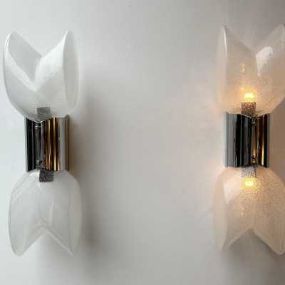 Pair of Mid-Century Modern Space Age chrome metal wall sconces by Aldo Nason for the Mazzega factory. Bubble blown Murano glass. Famous manufactory like Venini, Vistosi, La Murrina, Seguso, Carlo Nason, Poliarte, Esperia, Angelo Brotto, Stilnovo, Arteluce, Arredoluce, Artemide, Pierre Cardin, Lumi, Luci, Raak, Angelo Lelii, Francesco Bocola, Superstudio, Enrico Tronconi, Mario Bellini, Harvey Guzzini, Luigi Massoni, Martinelli, Fabio Lenci, Gio Ponti.