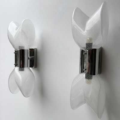 Pair of Mid-Century Modern Space Age chrome metal wall sconces by Aldo Nason for the Mazzega factory. Bubble blown Murano glass. Famous manufactory like Venini, Vistosi, La Murrina, Seguso, Carlo Nason, Poliarte, Esperia, Angelo Brotto, Stilnovo, Arteluce, Arredoluce, Artemide, Pierre Cardin, Lumi, Luci, Raak, Angelo Lelii, Francesco Bocola, Superstudio, Enrico Tronconi, Mario Bellini, Harvey Guzzini, Luigi Massoni, Martinelli, Fabio Lenci, Gio Ponti.