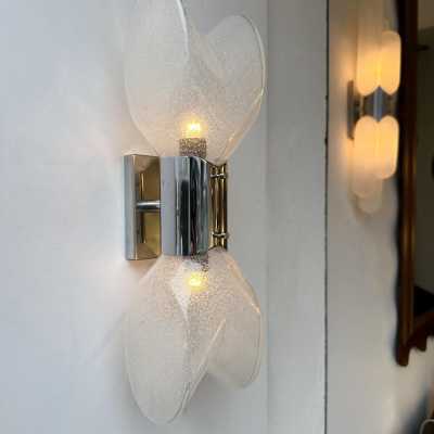 Pair of Mid-Century Modern Space Age chrome metal wall sconces by Aldo Nason for the Mazzega factory. Bubble blown Murano glass. Famous manufactory like Venini, Vistosi, La Murrina, Seguso, Carlo Nason, Poliarte, Esperia, Angelo Brotto, Stilnovo, Arteluce, Arredoluce, Artemide, Pierre Cardin, Lumi, Luci, Raak, Angelo Lelii, Francesco Bocola, Superstudio, Enrico Tronconi, Mario Bellini, Harvey Guzzini, Luigi Massoni, Martinelli, Fabio Lenci, Gio Ponti.