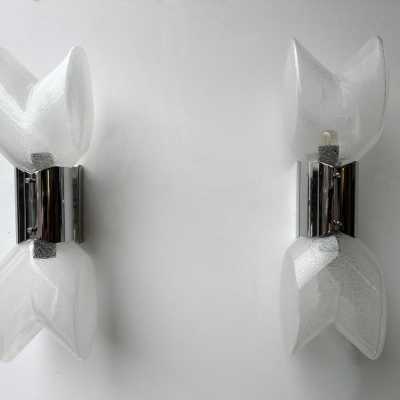 Pair of Mid-Century Modern Space Age chrome metal wall sconces by Aldo Nason for the Mazzega factory. Bubble blown Murano glass. Famous manufactory like Venini, Vistosi, La Murrina, Seguso, Carlo Nason, Poliarte, Esperia, Angelo Brotto, Stilnovo, Arteluce, Arredoluce, Artemide, Pierre Cardin, Lumi, Luci, Raak, Angelo Lelii, Francesco Bocola, Superstudio, Enrico Tronconi, Mario Bellini, Harvey Guzzini, Luigi Massoni, Martinelli, Fabio Lenci, Gio Ponti.