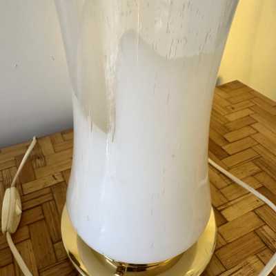 Pair or set of 2 Mid-Century Modern Space Age table or bedside lamps from the Mazzega factory. Design attributed to Carlo Nason, brass and blown Murano glass. Famous manufactory such as Venini, Vistosi, La Murrina, Seguso, Carlo Aldo Nason, Poliarte, Esperia, Angelo Brotto, Stilnovo, Arteluce, Arredoluce, Artemide, Pierre Cardin, Lumi, Luci, Raak, Angelo Lelii, Francesco Bocola, Superstudio, Enrico Tronconi, Mario Bellini, Harvey Guzzini, Luigi Massoni, Martinelli, Fabio Lenci, Gio Ponti.