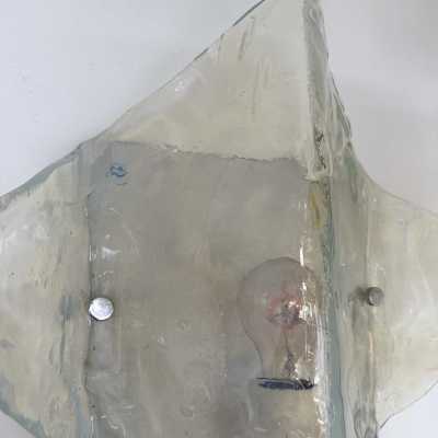 Pair of Mid-Century Modern Space Age wall lights model LP253 in sky blue opalescent textured Murano glass and white lacquered metal by Carlo Nason for the Mazzega factory. Famous Italian design like Venini, Vistosi, La Murrina, Aldo Nason, Stilnovo, Joe Colombo, Arteluce, Arredoluce, Lumi, Luci, Rggiani, Sciolari, Werner Pantone, Luigi Colani, Raak, Angelo Lelii, Angelo Brotto, Esperia, Francesco Bocola, Superstudio, Enrico Tronconi, Mario Bellini, Harvey Guzzini, Luigi Massoni, Martinelli, Pier