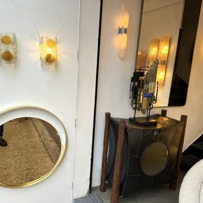 Pair of mid-century modern space age wall sconces in orange and clear textured Murano glass by the Mazzega factory. Famous Italian design like Venini, Vistosi, La Murrina, Aldo Carlo Nason, Toni Zuccheri, Stilnovo, Joe Colombo, Arteluce, Arredoluce, Lumi, Luci, Rggiani, Sciolari, Werner Pantone, Luigi Colani, Raak, Angelo Lelii, Angelo Brotto, Esperia, Francesco Bocola, Superstudio, Enrico Tronconi, Mario Bellini, Harvey Guzzini, Luigi Massoni, Martinelli, Pierre Cardin, Fabio Lenci, Gi