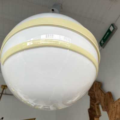 Saturn ufo ball pendant light, Space Age style, in opaline white Murano glass and cream beige stripes, Mid-Century Modern style, by the Italian manufacturer Murano Due. Renowned manufacturers like Venini, Veronese, La Murrina, Aldo Nason, Stilnovo, Joe Colombo, Arteluce, Arredoluce, Lumi, Luci, Mazzega, Sciolari, Werner Pantone, Luigi Colani, Raak, Angelo Lelii, Angelo Brotto, Esperia, Francesco Bocola, Superstudio, Enrico Tronconi, Mario Bellini, Harvey Guzzini, Luigi Massoni, Martinelli, Pierre C