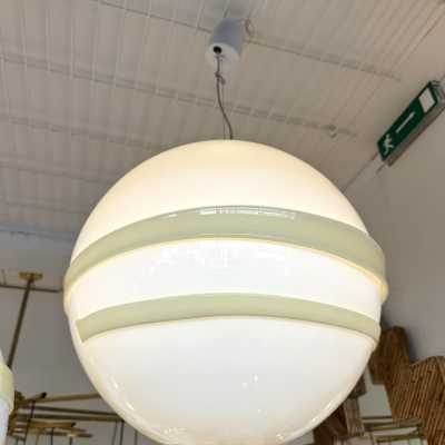 Saturn ufo ball pendant light, Space Age style, in opaline white Murano glass and cream beige stripes, Mid-Century Modern style, by the Italian manufacturer Murano Due. Renowned manufacturers like Venini, Veronese, La Murrina, Aldo Nason, Stilnovo, Joe Colombo, Arteluce, Arredoluce, Lumi, Luci, Mazzega, Sciolari, Werner Pantone, Luigi Colani, Raak, Angelo Lelii, Angelo Brotto, Esperia, Francesco Bocola, Superstudio, Enrico Tronconi, Mario Bellini, Harvey Guzzini, Luigi Massoni, Martinelli, Pierre C