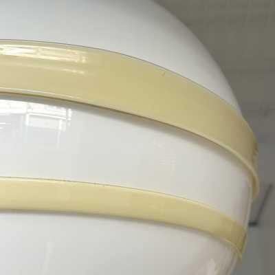 Saturn ufo ball pendant light, Space Age style, in opaline white Murano glass and cream beige stripes, Mid-Century Modern style, by the Italian manufacturer Murano Due. Renowned manufacturers like Venini, Veronese, La Murrina, Aldo Nason, Stilnovo, Joe Colombo, Arteluce, Arredoluce, Lumi, Luci, Mazzega, Sciolari, Werner Pantone, Luigi Colani, Raak, Angelo Lelii, Angelo Brotto, Esperia, Francesco Bocola, Superstudio, Enrico Tronconi, Mario Bellini, Harvey Guzzini, Luigi Massoni, Martinelli, Pierre C