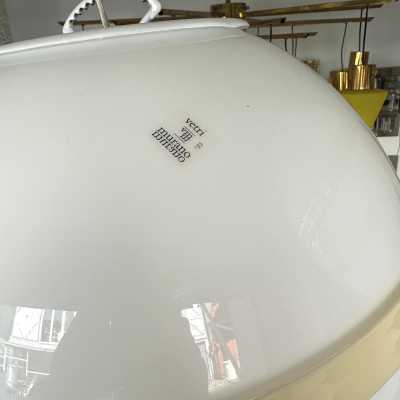 Saturn ufo ball pendant light, Space Age style, in opaline white Murano glass and cream beige stripes, Mid-Century Modern style, by the Italian manufacturer Murano Due. Renowned manufacturers like Venini, Veronese, La Murrina, Aldo Nason, Stilnovo, Joe Colombo, Arteluce, Arredoluce, Lumi, Luci, Mazzega, Sciolari, Werner Pantone, Luigi Colani, Raak, Angelo Lelii, Angelo Brotto, Esperia, Francesco Bocola, Superstudio, Enrico Tronconi, Mario Bellini, Harvey Guzzini, Luigi Massoni, Martinelli, Pierre C