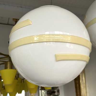 Saturn ufo ball pendant light, Space Age style, in opaline white Murano glass and cream beige stripes, Mid-Century Modern style, by the Italian manufacturer Murano Due. Renowned manufacturers like Venini, Veronese, La Murrina, Aldo Nason, Stilnovo, Joe Colombo, Arteluce, Arredoluce, Lumi, Luci, Mazzega, Sciolari, Werner Pantone, Luigi Colani, Raak, Angelo Lelii, Angelo Brotto, Esperia, Francesco Bocola, Superstudio, Enrico Tronconi, Mario Bellini, Harvey Guzzini, Luigi Massoni, Martinelli, Pierre C