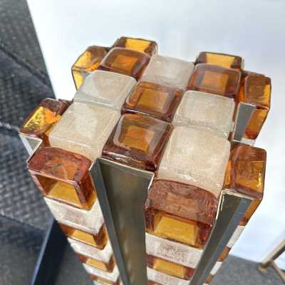 Rare mid-century modernist space age tower floor lamp designed by the Italian manufacturer Poliarte. Pressed bubbled glass and amber cube, silver metal and brass face. Manufacture of famous publishers such as Venini, Vistosi, La Murrina, Seguso, Aldo Nason, Poliarte, Carlo Aldo Nason for Mazzega, Stilnovo, Arteluce, Arredoluce, Artemide, Pierre Cardin, Lumi, Luci, RAAK, Angelo Lelii, Francesco Bocola, Superstudio, Enrico Tronconi, Mario Bellini, Harvey Guzzini, Luigi Massoni, Martinelli, Fabio Lenci, Gio