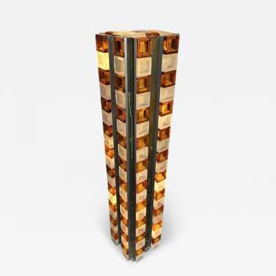 Rare mid-century modernist space age tower floor lamp designed by the Italian manufacturer Poliarte. Pressed bubbled glass and amber cube, silver metal and brass face. Manufacture of famous publishers such as Venini, Vistosi, La Murrina, Seguso, Aldo Nason, Poliarte, Carlo Aldo Nason for Mazzega, Stilnovo, Arteluce, Arredoluce, Artemide, Pierre Cardin, Lumi, Luci, RAAK, Angelo Lelii, Francesco Bocola, Superstudio, Enrico Tronconi, Mario Bellini, Harvey Guzzini, Luigi Massoni, Martinelli, Fabio Lenci, Gio