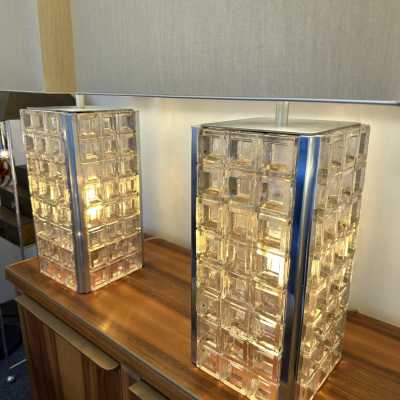 Rare large pair of mid-century modern space age pressed glass cube table or bedside lamps from the Italian manufacturer Poliarte in Verona. Internal flash base. Famous works like Venini, Vistosi, La Murrina, Aldo Carlo Nason, Stilnovo, Joe Colombo, Arteluce, Arredoluce, Lumi, Luci, Reggiani, Sciolari, Werner Pantone, Luigi Colani, Raak, Angelo Lelii, Angelo Brotto, Esperia, Francesco Bocola, Superstudio, Enrico Tronconi, Mario Bellini, Harvey Guzzini, Luigi Massoni, M