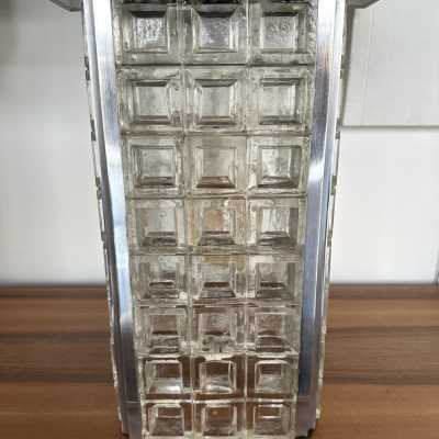 Rare large pair of mid-century modern space age pressed glass cube table or bedside lamps from the Italian manufacturer Poliarte in Verona. Internal flash base. Famous works like Venini, Vistosi, La Murrina, Aldo Carlo Nason, Stilnovo, Joe Colombo, Arteluce, Arredoluce, Lumi, Luci, Reggiani, Sciolari, Werner Pantone, Luigi Colani, Raak, Angelo Lelii, Angelo Brotto, Esperia, Francesco Bocola, Superstudio, Enrico Tronconi, Mario Bellini, Harvey Guzzini, Luigi Massoni, M