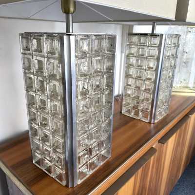 Rare large pair of mid-century modern space age pressed glass cube table or bedside lamps from the Italian manufacturer Poliarte in Verona. Internal flash base. Famous works like Venini, Vistosi, La Murrina, Aldo Carlo Nason, Stilnovo, Joe Colombo, Arteluce, Arredoluce, Lumi, Luci, Reggiani, Sciolari, Werner Pantone, Luigi Colani, Raak, Angelo Lelii, Angelo Brotto, Esperia, Francesco Bocola, Superstudio, Enrico Tronconi, Mario Bellini, Harvey Guzzini, Luigi Massoni, M