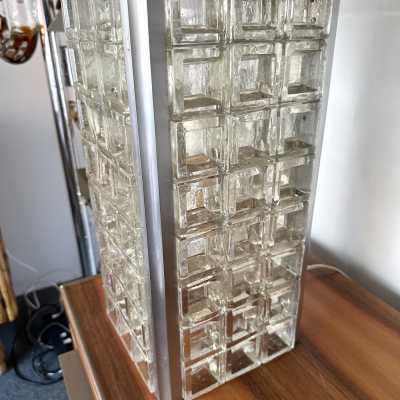 Rare large pair of mid-century modern space age pressed glass cube table or bedside lamps from the Italian manufacturer Poliarte in Verona. Internal flash base. Famous works like Venini, Vistosi, La Murrina, Aldo Carlo Nason, Stilnovo, Joe Colombo, Arteluce, Arredoluce, Lumi, Luci, Reggiani, Sciolari, Werner Pantone, Luigi Colani, Raak, Angelo Lelii, Angelo Brotto, Esperia, Francesco Bocola, Superstudio, Enrico Tronconi, Mario Bellini, Harvey Guzzini, Luigi Massoni, M