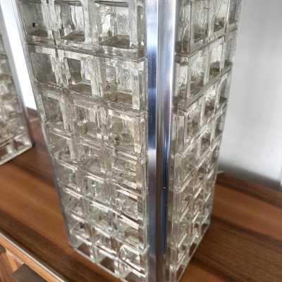 Rare large pair of mid-century modern space age pressed glass cube table or bedside lamps from the Italian manufacturer Poliarte in Verona. Internal flash base. Famous works like Venini, Vistosi, La Murrina, Aldo Carlo Nason, Stilnovo, Joe Colombo, Arteluce, Arredoluce, Lumi, Luci, Reggiani, Sciolari, Werner Pantone, Luigi Colani, Raak, Angelo Lelii, Angelo Brotto, Esperia, Francesco Bocola, Superstudio, Enrico Tronconi, Mario Bellini, Harvey Guzzini, Luigi Massoni, M