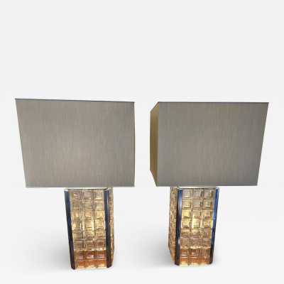 Rare large pair of mid-century modern space age pressed glass cube table or bedside lamps from the Italian manufacturer Poliarte in Verona. Internal flash base. Famous works like Venini, Vistosi, La Murrina, Aldo Carlo Nason, Stilnovo, Joe Colombo, Arteluce, Arredoluce, Lumi, Luci, Reggiani, Sciolari, Werner Pantone, Luigi Colani, Raak, Angelo Lelii, Angelo Brotto, Esperia, Francesco Bocola, Superstudio, Enrico Tronconi, Mario Bellini, Harvey Guzzini, Luigi Massoni, M