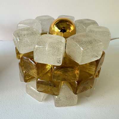 Pair of mid-century modern round cubic cylindrical lamps, designed by Italian manufacturer Poliarte. Pressed bubble glass with amber yellow detail. Manufacture of famous publishers such as Venini, Vistosi, La Murrina, Seguso, Aldo Nason, Carlo Aldo Nason for Mazzega, Stilnovo, Arteluce, Arredoluce, Artemide, Pierre Cardin, Lumi, Luci, RAAK, Angelo Lelii, Francesco Bocola, Superstudio, Enrico Tronconi, Mario Bellini, Harvey Guzzini, Luigi Massoni, Martinelli, Fabio Lenci, Gio Ponti.