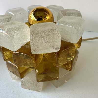 Pair of mid-century modern round cubic cylindrical lamps, designed by Italian manufacturer Poliarte. Pressed bubble glass with amber yellow detail. Manufacture of famous publishers such as Venini, Vistosi, La Murrina, Seguso, Aldo Nason, Carlo Aldo Nason for Mazzega, Stilnovo, Arteluce, Arredoluce, Artemide, Pierre Cardin, Lumi, Luci, RAAK, Angelo Lelii, Francesco Bocola, Superstudio, Enrico Tronconi, Mario Bellini, Harvey Guzzini, Luigi Massoni, Martinelli, Fabio Lenci, Gio Ponti.
