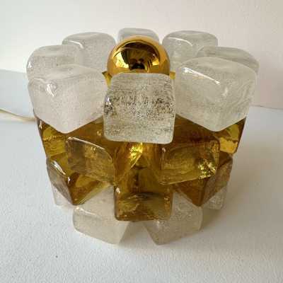 Pair of mid-century modern round cubic cylindrical lamps, designed by Italian manufacturer Poliarte. Pressed bubble glass with amber yellow detail. Manufacture of famous publishers such as Venini, Vistosi, La Murrina, Seguso, Aldo Nason, Carlo Aldo Nason for Mazzega, Stilnovo, Arteluce, Arredoluce, Artemide, Pierre Cardin, Lumi, Luci, RAAK, Angelo Lelii, Francesco Bocola, Superstudio, Enrico Tronconi, Mario Bellini, Harvey Guzzini, Luigi Massoni, Martinelli, Fabio Lenci, Gio Ponti.