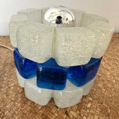 Pair of mid-century modern round cubic cylindrical lamps, designed by Italian manufacturer Poliarte. Pressed bubble glass with blue detail. Manufacture of famous publishers such as Venini, Vistosi, La Murrina, Seguso, Aldo Nason, Carlo Aldo Nason for Mazzega, Stilnovo, Arteluce, Arredoluce, Artemide, Pierre Cardin, Lumi, Luci, RAAK, Angelo Lelii, Francesco Bocola, Superstudio, Enrico Tronconi, Mario Bellini, Harvey Guzzini, Luigi Massoni, Martinelli, Fabio Lenci, Gio Ponti.