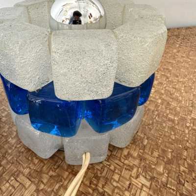 Pair of mid-century modern round cubic cylindrical lamps, designed by Italian manufacturer Poliarte. Pressed bubble glass with blue detail. Manufacture of famous publishers such as Venini, Vistosi, La Murrina, Seguso, Aldo Nason, Carlo Aldo Nason for Mazzega, Stilnovo, Arteluce, Arredoluce, Artemide, Pierre Cardin, Lumi, Luci, RAAK, Angelo Lelii, Francesco Bocola, Superstudio, Enrico Tronconi, Mario Bellini, Harvey Guzzini, Luigi Massoni, Martinelli, Fabio Lenci, Gio Ponti.