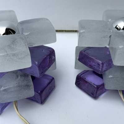 Pair of mid-century modern space age round cube lamps designed by Italian manufacturer Poliarte. Pressed bubble glass with purple detail. Manufacture of famous publishers such as Venini, Vistosi, La Murrina, Seguso, Aldo Nason, Carlo Aldo Nason for Mazzega, Stilnovo, Arteluce, Arredoluce, Artemide, Pierre Cardin, Lumi, Luci, RAAK, Angelo Lelii, Francesco Bocola, Superstudio, Enrico Tronconi, Mario Bellini, Harvey Guzzini, Luigi Massoni, Martinelli, Fabio Lenci, Gio Ponti.