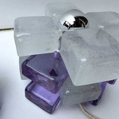 Pair of mid-century modern space age round cube lamps designed by Italian manufacturer Poliarte. Pressed bubble glass with purple detail. Manufacture of famous publishers such as Venini, Vistosi, La Murrina, Seguso, Aldo Nason, Carlo Aldo Nason for Mazzega, Stilnovo, Arteluce, Arredoluce, Artemide, Pierre Cardin, Lumi, Luci, RAAK, Angelo Lelii, Francesco Bocola, Superstudio, Enrico Tronconi, Mario Bellini, Harvey Guzzini, Luigi Massoni, Martinelli, Fabio Lenci, Gio Ponti.