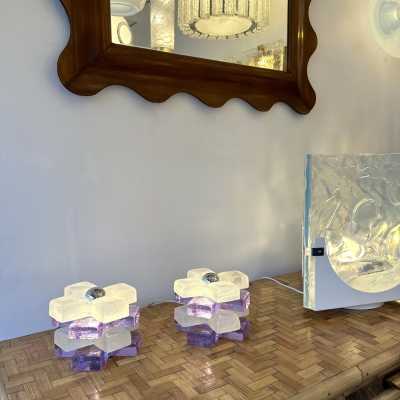 Pair of mid-century modern space age round cube lamps designed by Italian manufacturer Poliarte. Pressed bubble glass with purple detail. Manufacture of famous publishers such as Venini, Vistosi, La Murrina, Seguso, Aldo Nason, Carlo Aldo Nason for Mazzega, Stilnovo, Arteluce, Arredoluce, Artemide, Pierre Cardin, Lumi, Luci, RAAK, Angelo Lelii, Francesco Bocola, Superstudio, Enrico Tronconi, Mario Bellini, Harvey Guzzini, Luigi Massoni, Martinelli, Fabio Lenci, Gio Ponti.