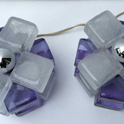 Pair of mid-century modern space age round cube lamps designed by Italian manufacturer Poliarte. Pressed bubble glass with purple detail. Manufacture of famous publishers such as Venini, Vistosi, La Murrina, Seguso, Aldo Nason, Carlo Aldo Nason for Mazzega, Stilnovo, Arteluce, Arredoluce, Artemide, Pierre Cardin, Lumi, Luci, RAAK, Angelo Lelii, Francesco Bocola, Superstudio, Enrico Tronconi, Mario Bellini, Harvey Guzzini, Luigi Massoni, Martinelli, Fabio Lenci, Gio Ponti.