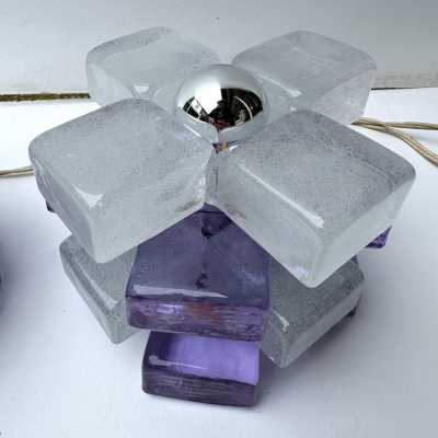 Pair of mid-century modern space age round cube lamps designed by Italian manufacturer Poliarte. Pressed bubble glass with purple detail. Manufacture of famous publishers such as Venini, Vistosi, La Murrina, Seguso, Aldo Nason, Carlo Aldo Nason for Mazzega, Stilnovo, Arteluce, Arredoluce, Artemide, Pierre Cardin, Lumi, Luci, RAAK, Angelo Lelii, Francesco Bocola, Superstudio, Enrico Tronconi, Mario Bellini, Harvey Guzzini, Luigi Massoni, Martinelli, Fabio Lenci, Gio Ponti.