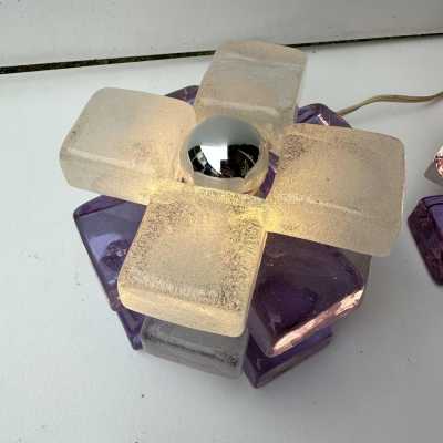 Pair of mid-century modern space age round cube lamps designed by Italian manufacturer Poliarte. Pressed bubble glass with purple detail. Manufacture of famous publishers such as Venini, Vistosi, La Murrina, Seguso, Aldo Nason, Carlo Aldo Nason for Mazzega, Stilnovo, Arteluce, Arredoluce, Artemide, Pierre Cardin, Lumi, Luci, RAAK, Angelo Lelii, Francesco Bocola, Superstudio, Enrico Tronconi, Mario Bellini, Harvey Guzzini, Luigi Massoni, Martinelli, Fabio Lenci, Gio Ponti.