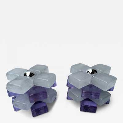 Pair of mid-century modern space age round cube lamps designed by Italian manufacturer Poliarte. Pressed bubble glass with purple detail. Manufacture of famous publishers such as Venini, Vistosi, La Murrina, Seguso, Aldo Nason, Carlo Aldo Nason for Mazzega, Stilnovo, Arteluce, Arredoluce, Artemide, Pierre Cardin, Lumi, Luci, RAAK, Angelo Lelii, Francesco Bocola, Superstudio, Enrico Tronconi, Mario Bellini, Harvey Guzzini, Luigi Massoni, Martinelli, Fabio Lenci, Gio Ponti.