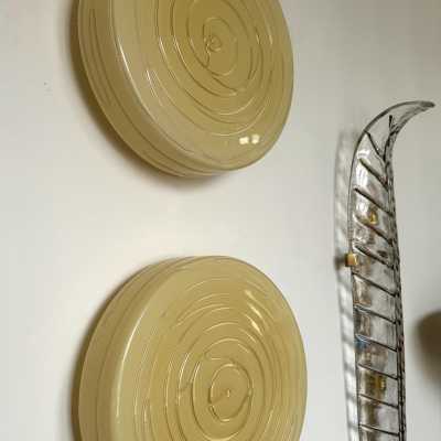 Mid-Century Modern Space Age Yellow Murano Glass Candy Wall Sconces Lighting Wall Lights or Ceiling Lights by Italian Murano Vistosi Manufacturer. The original manufacturer stamps the sticker labels. Famous manufacturing designers like Fabbian, Venini, Veronese, La Murrina, Aldo Nason, Stilnovo, Joe Colombo, Arteluce, Arredoluce, Lumi, Luci, Rggiani, Sciolari, Werner Pantone, Luigi Colani, Raak, Angelo Lelii, Angelo Brotto, Esperia, Francesco