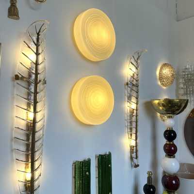 Mid-Century Modern Space Age Yellow Murano Glass Candy Wall Sconces Lighting Wall Lights or Ceiling Lights by Italian Murano Vistosi Manufacturer. The original manufacturer stamps the sticker labels. Famous manufacturing designers like Fabbian, Venini, Veronese, La Murrina, Aldo Nason, Stilnovo, Joe Colombo, Arteluce, Arredoluce, Lumi, Luci, Rggiani, Sciolari, Werner Pantone, Luigi Colani, Raak, Angelo Lelii, Angelo Brotto, Esperia, Francesco