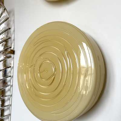 Mid-Century Modern Space Age Yellow Murano Glass Candy Wall Sconces Lighting Wall Lights or Ceiling Lights by Italian Murano Vistosi Manufacturer. The original manufacturer stamps the sticker labels. Famous manufacturing designers like Fabbian, Venini, Veronese, La Murrina, Aldo Nason, Stilnovo, Joe Colombo, Arteluce, Arredoluce, Lumi, Luci, Rggiani, Sciolari, Werner Pantone, Luigi Colani, Raak, Angelo Lelii, Angelo Brotto, Esperia, Francesco