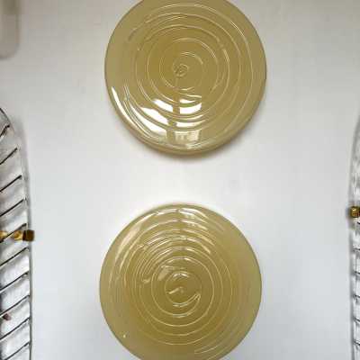 Mid-Century Modern Space Age Yellow Murano Glass Candy Wall Sconces Lighting Wall Lights or Ceiling Lights by Italian Murano Vistosi Manufacturer. The original manufacturer stamps the sticker labels. Famous manufacturing designers like Fabbian, Venini, Veronese, La Murrina, Aldo Nason, Stilnovo, Joe Colombo, Arteluce, Arredoluce, Lumi, Luci, Rggiani, Sciolari, Werner Pantone, Luigi Colani, Raak, Angelo Lelii, Angelo Brotto, Esperia, Francesco