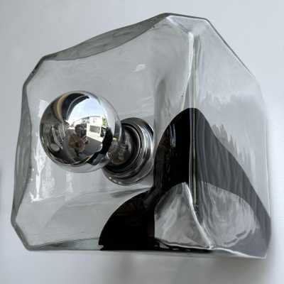 Wall or ceiling light in Space Age or Mid-Century Modern style. Cube made of blown Murano glass and chrome-plated metal. Famous designs: Carlo Aldo Nason for Mazzega, Venini, Leucos, La Murrina, Poliarte, Veronese, Seguso, Stilnovo, Artemide, Arredoluce, and Arteluce.