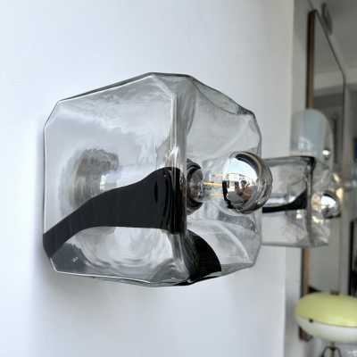Wall or ceiling light in Space Age or Mid-Century Modern style. Cube made of blown Murano glass and chrome-plated metal. Famous designs: Carlo Aldo Nason for Mazzega, Venini, Leucos, La Murrina, Poliarte, Veronese, Seguso, Stilnovo, Artemide, Arredoluce, and Arteluce.