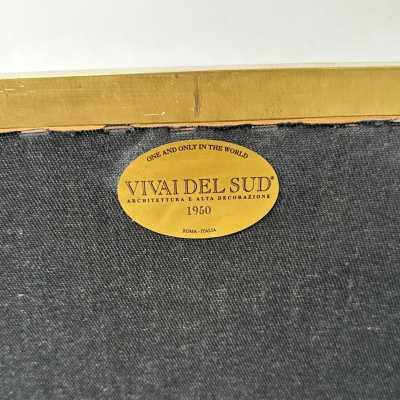 Wall mirror made of brass and bamboo, rattan, raffia, and wicker, from the Italian manufacturer Vivai del Sud. Original manufacturer's stamp on the back. Famous designs by Maison Arpex International, Dal Vera, Renato Zevi, Romeo Rega, Maison Jansen, brass palm tree, and Mario Sabot.