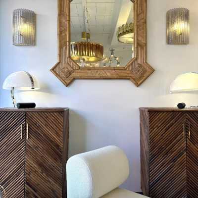Large mid-century Hollywood Regency wall mirror made of bamboo, rattan, raffia, and wicker by the Italian manufacturer Vivai del Sud. Original manufacturer stamp on the back. Famous designs by Maison Arpex International, Dal Vera, Renato Zevi, Romeo Rega, Maison Jansen, brass palm, and Mario Sabot.