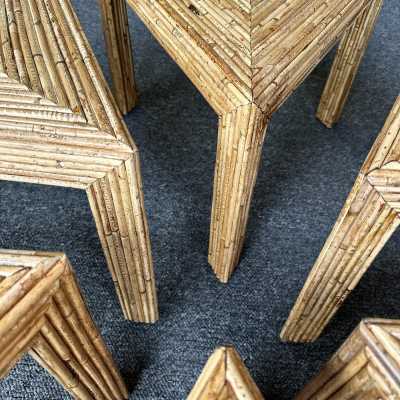 Set of 6 Hollywood Regency style coffee tables, side tables, and cocktail tables in Mid-Century Modern style, made of bamboo, rattan, raffia, and wicker, by the Italian manufacturer Vivai del Sud. Original manufacturer stamp on the back. Famous designers such as Maison Arpex International, Dal Vera, Renato Zevi, Romeo Rega, Maison Jansen, Willy Rizzo, and Mario Sabot.