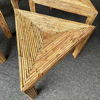 Set of 6 Hollywood Regency style coffee tables, side tables, and cocktail tables in Mid-Century Modern style, made of bamboo, rattan, raffia, and wicker, by the Italian manufacturer Vivai del Sud. Original manufacturer stamp on the back. Famous designers such as Maison Arpex International, Dal Vera, Renato Zevi, Romeo Rega, Maison Jansen, Willy Rizzo, and Mario Sabot.