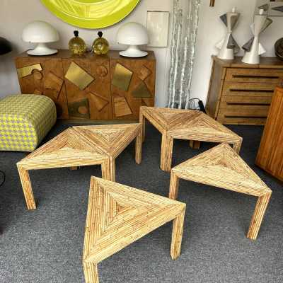 Set of 6 Hollywood Regency style coffee tables, side tables, and cocktail tables in Mid-Century Modern style, made of bamboo, rattan, raffia, and wicker, by the Italian manufacturer Vivai del Sud. Original manufacturer stamp on the back. Famous designers such as Maison Arpex International, Dal Vera, Renato Zevi, Romeo Rega, Maison Jansen, Willy Rizzo, and Mario Sabot.