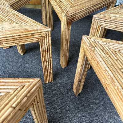 Set of 6 Hollywood Regency style coffee tables, side tables, and cocktail tables in Mid-Century Modern style, made of bamboo, rattan, raffia, and wicker, by the Italian manufacturer Vivai del Sud. Original manufacturer stamp on the back. Famous designers such as Maison Arpex International, Dal Vera, Renato Zevi, Romeo Rega, Maison Jansen, Willy Rizzo, and Mario Sabot.