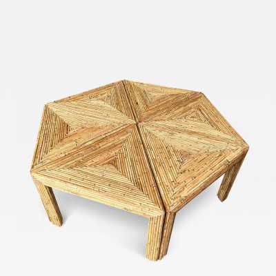 Set of 6 Hollywood Regency style coffee tables, side tables, and cocktail tables in Mid-Century Modern style, made of bamboo, rattan, raffia, and wicker, by the Italian manufacturer Vivai del Sud. Original manufacturer stamp on the back. Famous designers such as Maison Arpex International, Dal Vera, Renato Zevi, Romeo Rega, Maison Jansen, Willy Rizzo, and Mario Sabot.