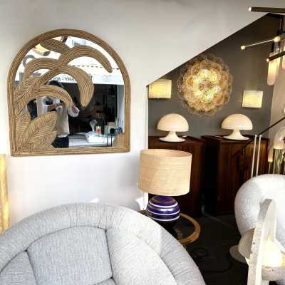 Palm tree wall mirror made of bamboo, rattan, raffia, and wicker by the Italian manufacturer Vivai del Sud. The manufacturer's original stamp is on the back. Famous designs by Maison Arpex International, Dal Vera, Renato Zevi, Romeo Rega, Maison Jansen, brass palm tree, and Mario Sabot.