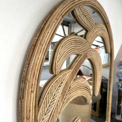 Palm tree wall mirror made of bamboo, rattan, raffia, and wicker by the Italian manufacturer Vivai del Sud. The manufacturer's original stamp is on the back. Famous designs by Maison Arpex International, Dal Vera, Renato Zevi, Romeo Rega, Maison Jansen, brass palm tree, and Mario Sabot.
