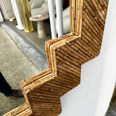 Rare pyramidal wall mirror made of bamboo, rattan, raffia, and wicker, from the Italian manufacturer Vivai del Sud. Original manufacturer's stamp on the back. Famous designers such as Maison Arpex International, Dal Vera, Renato Zevi, Romeo Rega, Palm Tree, Maison Jansen, Willy Rizzo, and Mario Sabot.